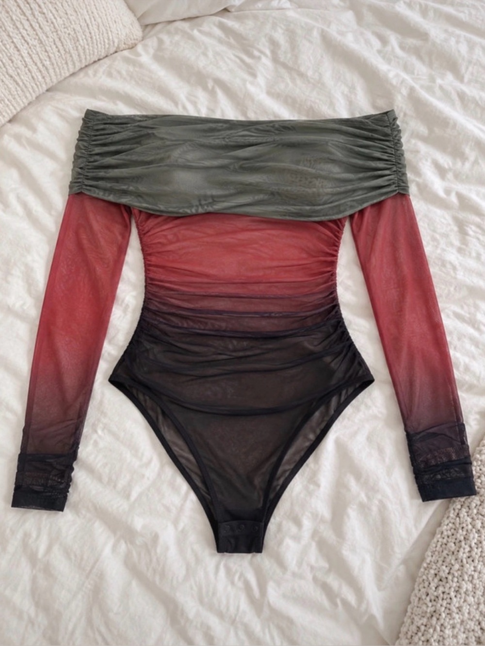 Fashion Nova Off-Shoulder Colorblock Mesh Bodysuit in Olive, Rust and Black